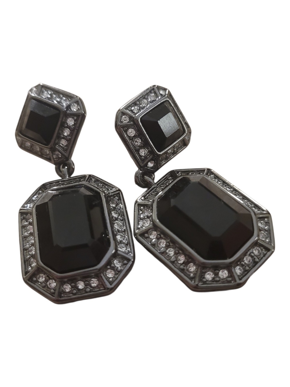 Gunmetal Black Crystal Drop Earrings with Clear Accents